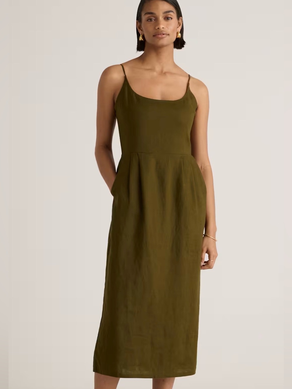 Quince 100% European Linen Scoop Neck Midi Dress Size Small Martini Olive